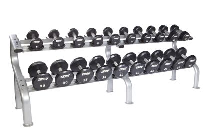 2 Saddle Racks W/5lbs-100lbs Set of Urethane Dumbbells (2 DR-10 loaded with TSD-U)